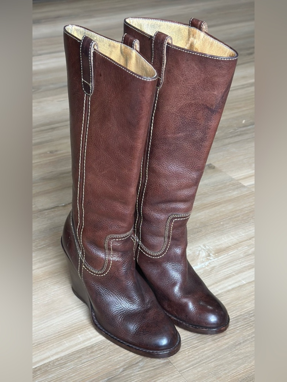 Frye Caroline Campus Brown Leather Wedge Boots